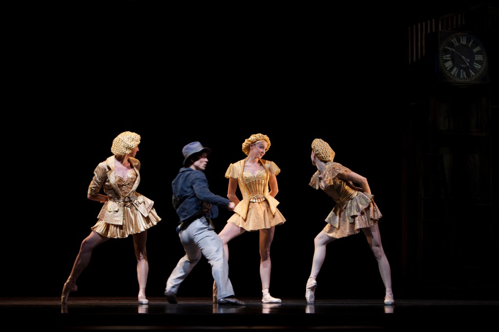 From left, Elle Macy, Sarah Pasch, Chelsea Adomaitis, and James Moore in Tharp's Waiting at the Station.Angela Sterling