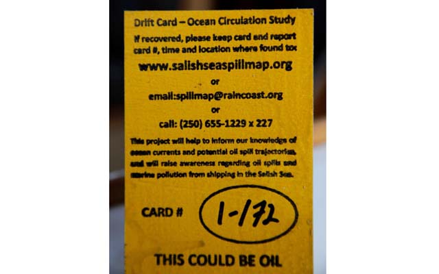 Raincoast hopes these "drift cards" will help map out the path of a potential Vancouver oil spill.