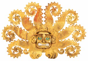 The gold Mochica octopus head-piece.