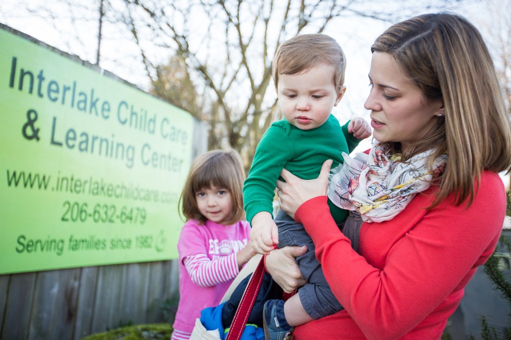 Jessie Conta picks up her kids from child care.