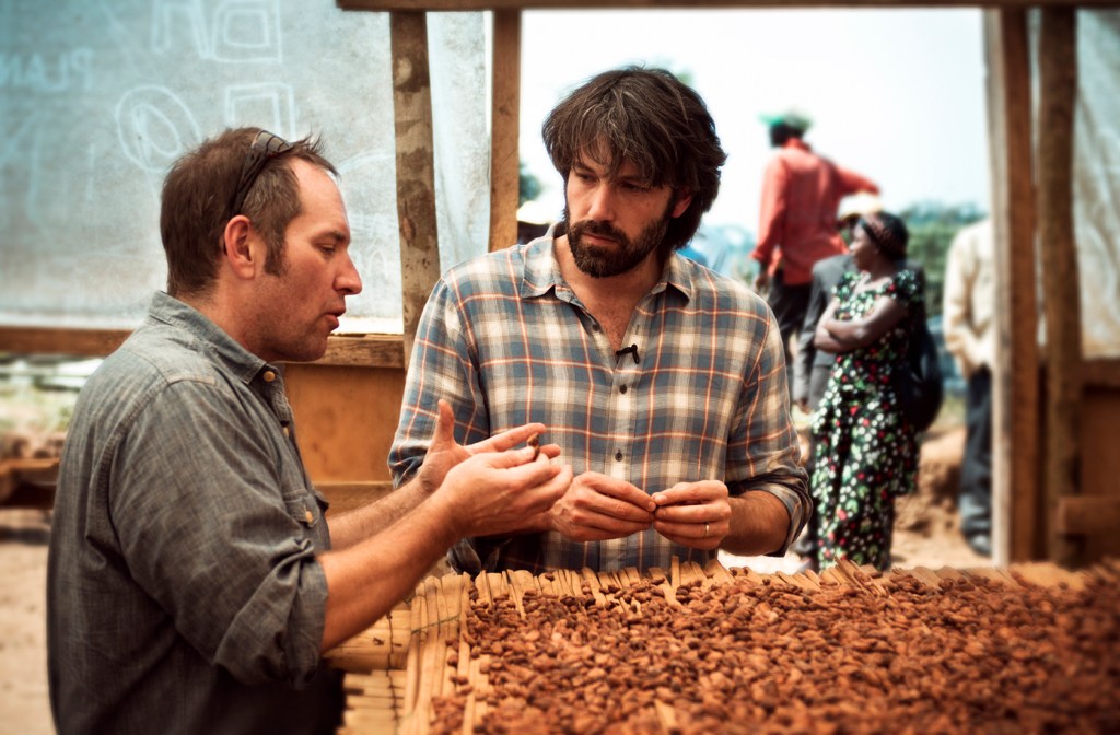 Left: Theo founder Joe Whinney and actor/activist Ben Affleck examine harvested cocoa in eastern Congo. Right: Congolese cocoa farmers.