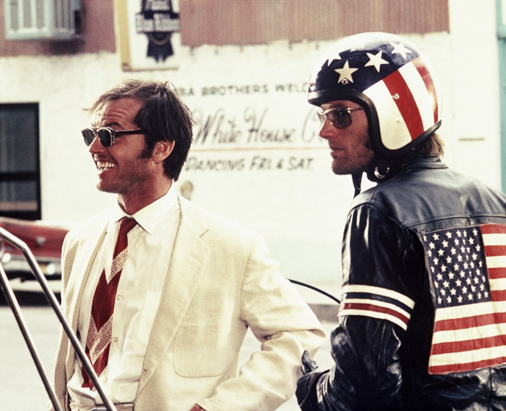 Fonda in his famous Easy Rider jacket, with Jack Nicholson at left.