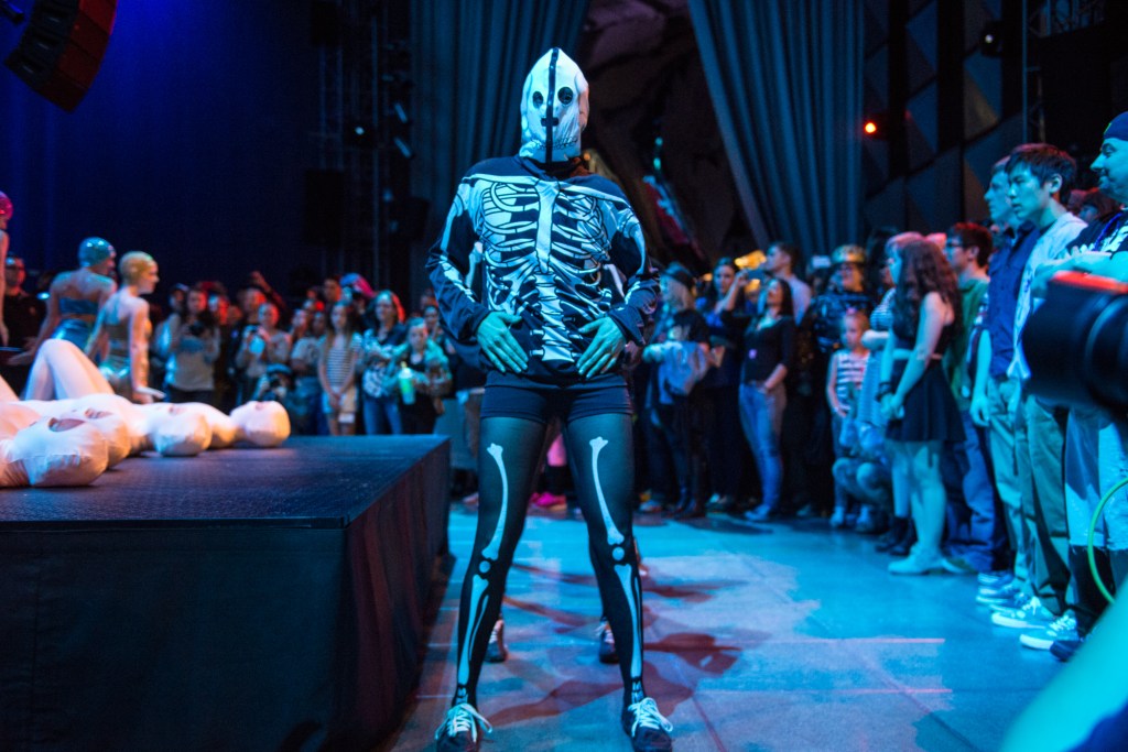 Skeletons doing their mechanical dance to Daft Punk's "Around the World"