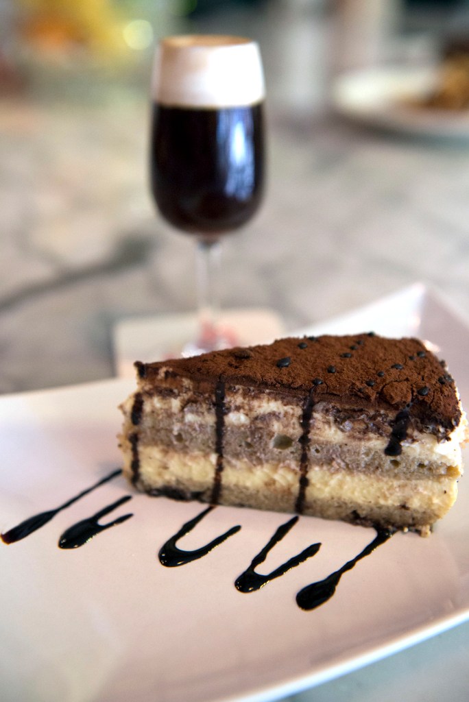 Top: vintage vibes. Bottom, l-r: white-bean bruschetta; spiked espresso with tiramisu.