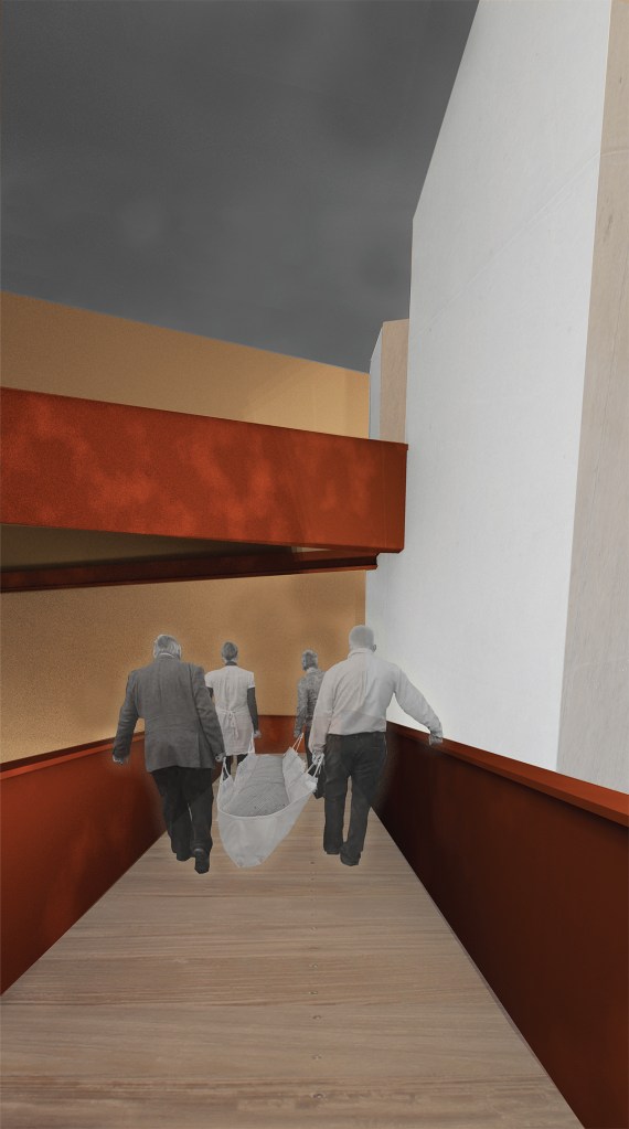 The building includes a “celebration space,” above, and ramps for a procession, right.