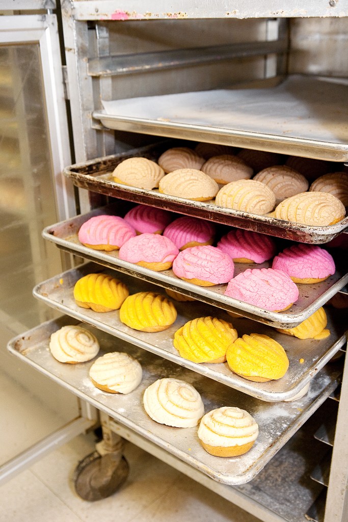 Top: Tossing a pie at Napoli Pizzeria. Bottom left: Via Vadi Caffe joins the mix. Bottom right: Mexican sweet rolls at Pasteleria y Panaderia La Ideal.