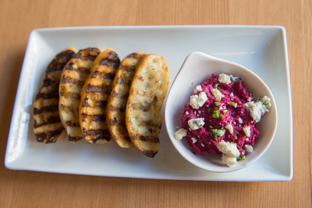 Top: the plat de resistance. Bottom left: a standout smoked-beet puree. Bottom right: Order at the counter.