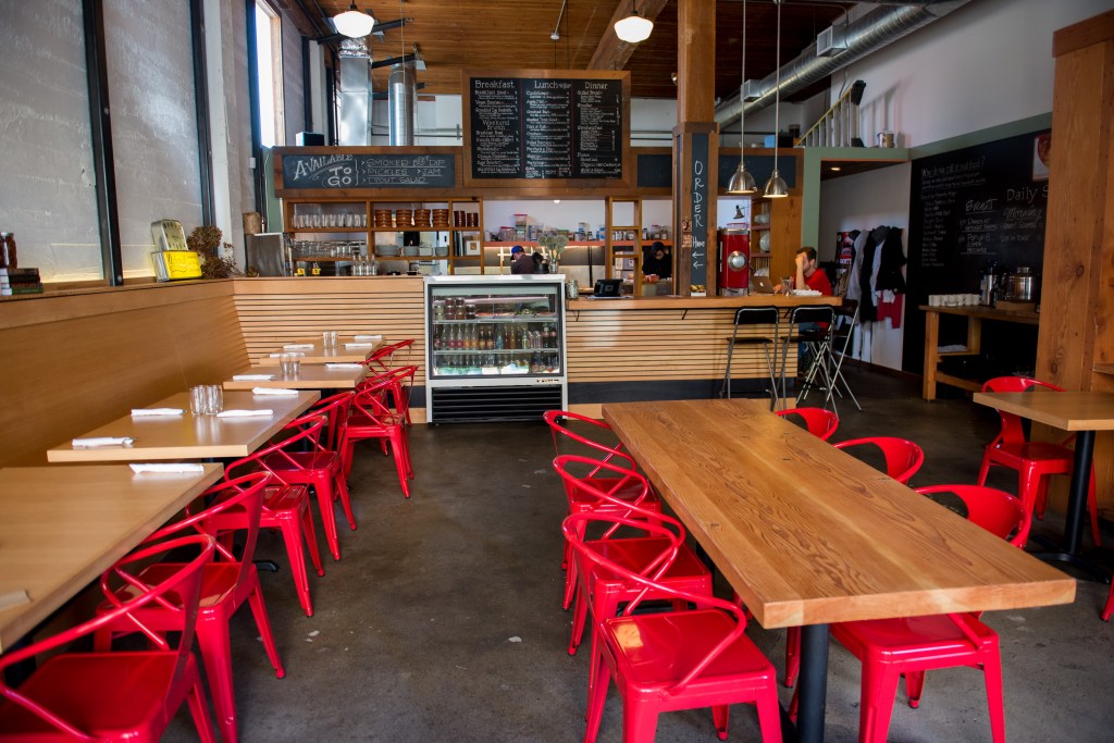 Top: the plat de resistance. Bottom left: a standout smoked-beet puree. Bottom right: Order at the counter.