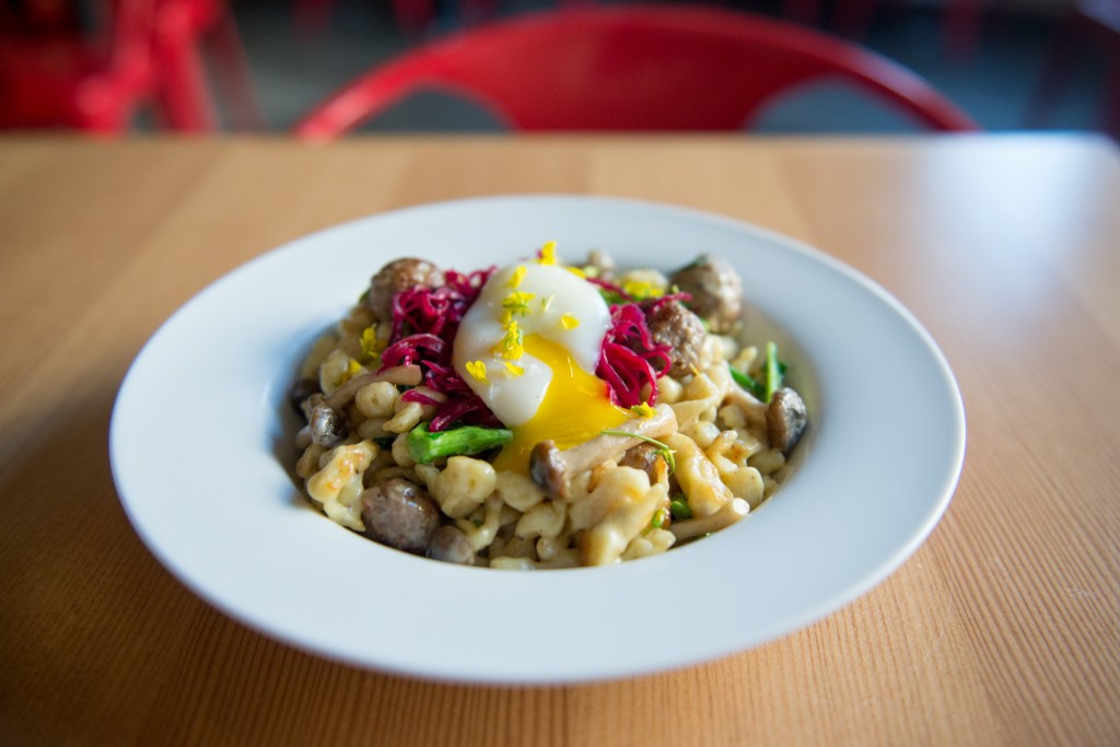Delicious spaetzle with mushrooms.