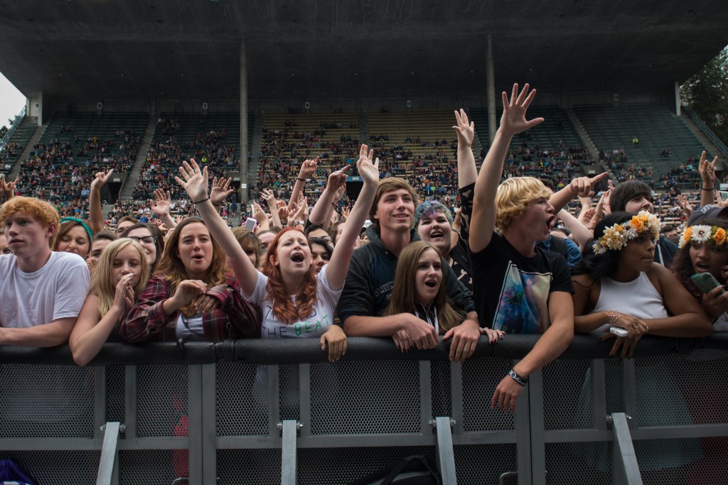 The first main stage show of the day with Panic! at the Disco, gold clad and a crazy crowd to boot. Photo by Morgen Schuler