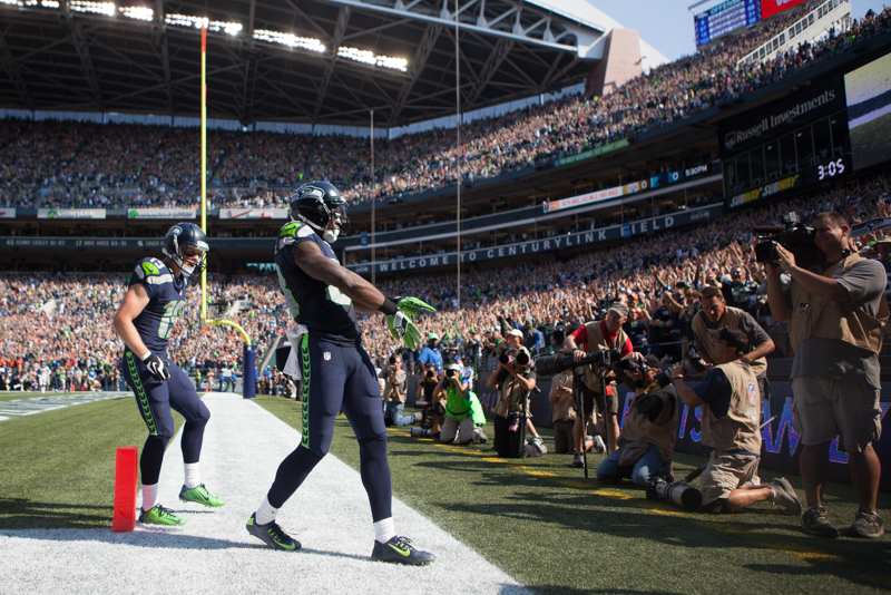 Lockette celebrates his touchdown.