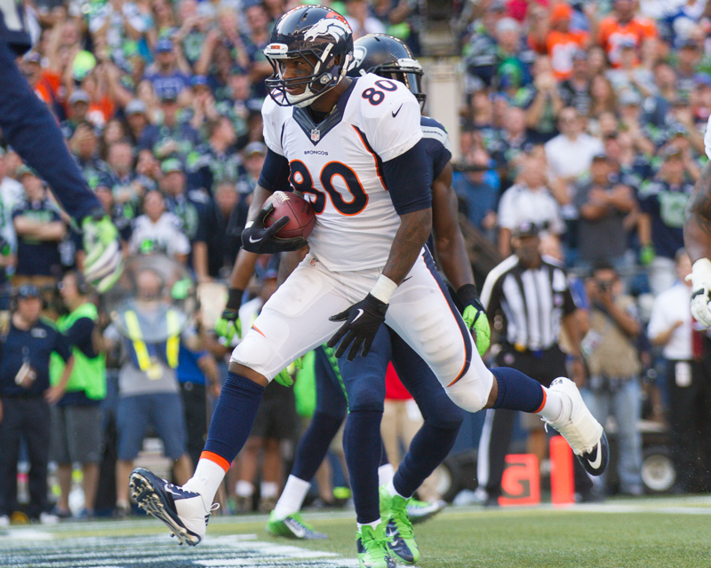 Denver tight-end Julius Thomas scores a touchdown in the fourth. Seattle 17, Denver 12.