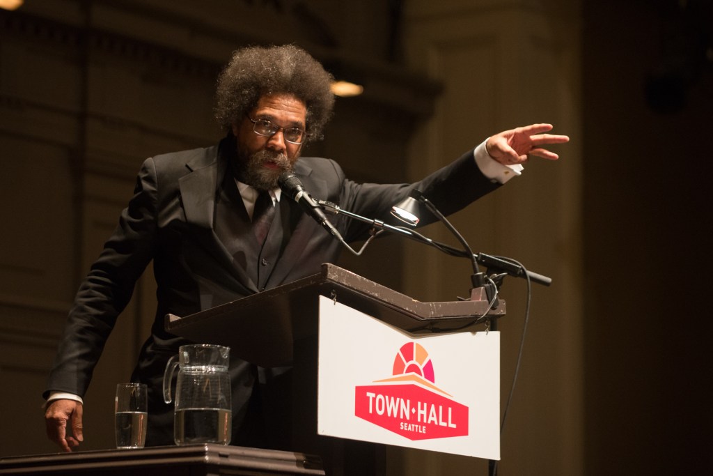Dr. Cornel West sermonizing to the absolutely packed house at Town Hall Seattle.  Photo by Morgen Schuler