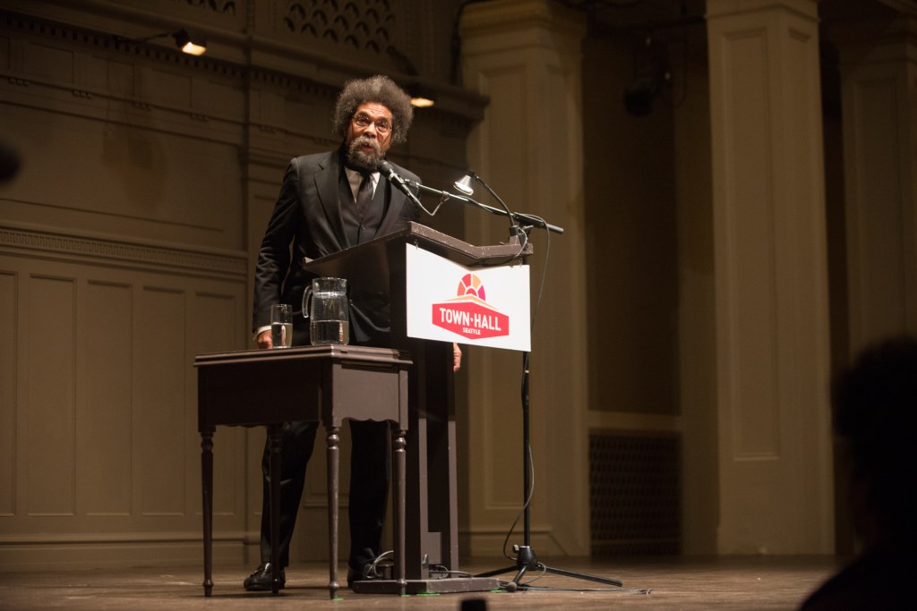 Dr. Cornel West sermonizing to the absolutely packed house at Town Hall Seattle.  Photo by Morgen Schuler