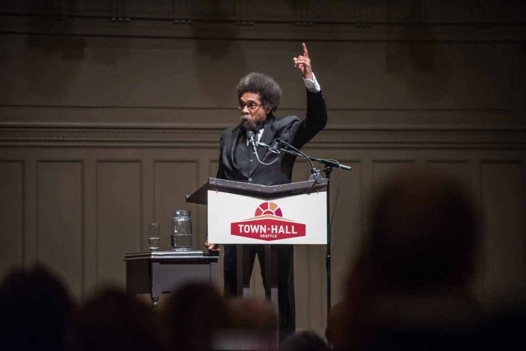 Dr. Cornel West sermonizing to the absolutely packed house at Town Hall Seattle.  Photo by Morgen Schuler