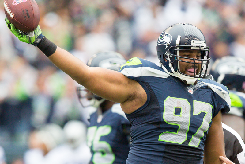 Seattle defensive tackle Jordan Hill celebrates a fumble recovery in the third quarter.