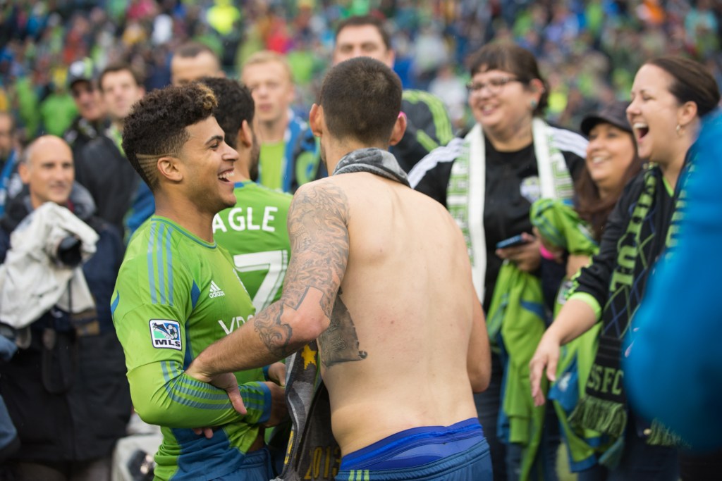 Post-game shenanigans as Sounders fans got to meet some of their favorites. Photo by Morgen Schuler