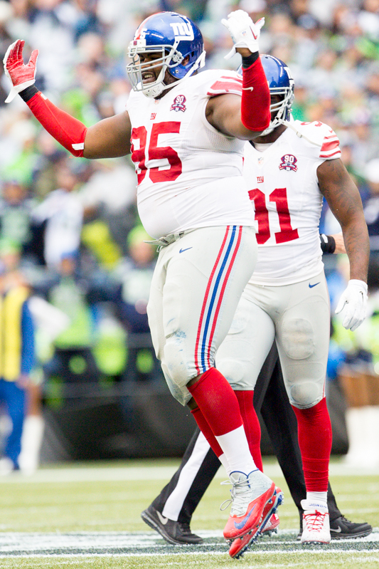Giants defensive tackle Johnathan Hankins celebrates stopping Seattle on a second and goal in the second quarter.