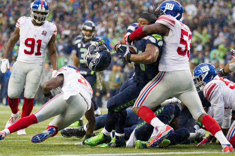 Marshawn Lynch attempts to find the end zone on a second and goal in the second quarter.