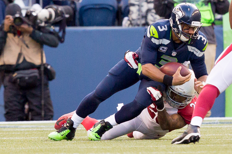 Russell Wilson is sacked for a 10-yard loss in the third quarter.