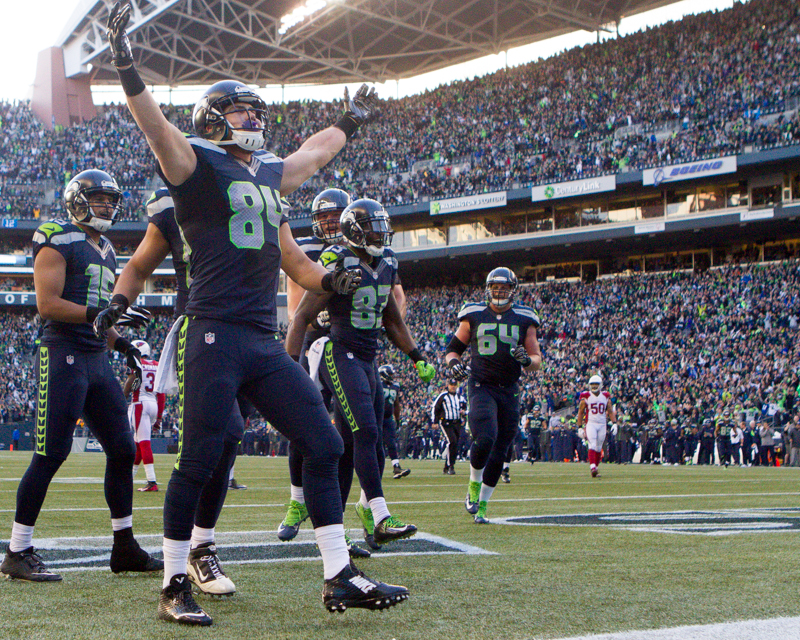 Seahawks tight-end Cooper Helfet celebrates his 20-yard touchdown in the third quarter.