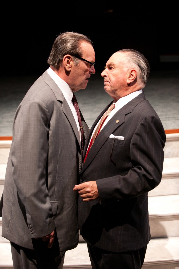 Above: LBJ (Willis) flanked by his political friends and enemies. Below: The president applies pressure to J. Edgar Hoover (Richard Elmore, right).