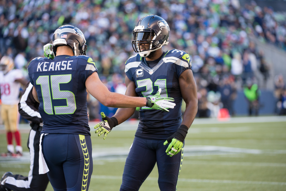 Kearse, here celebrating one of his drives with Chancellor, took the lead in receiving yards Sunday.