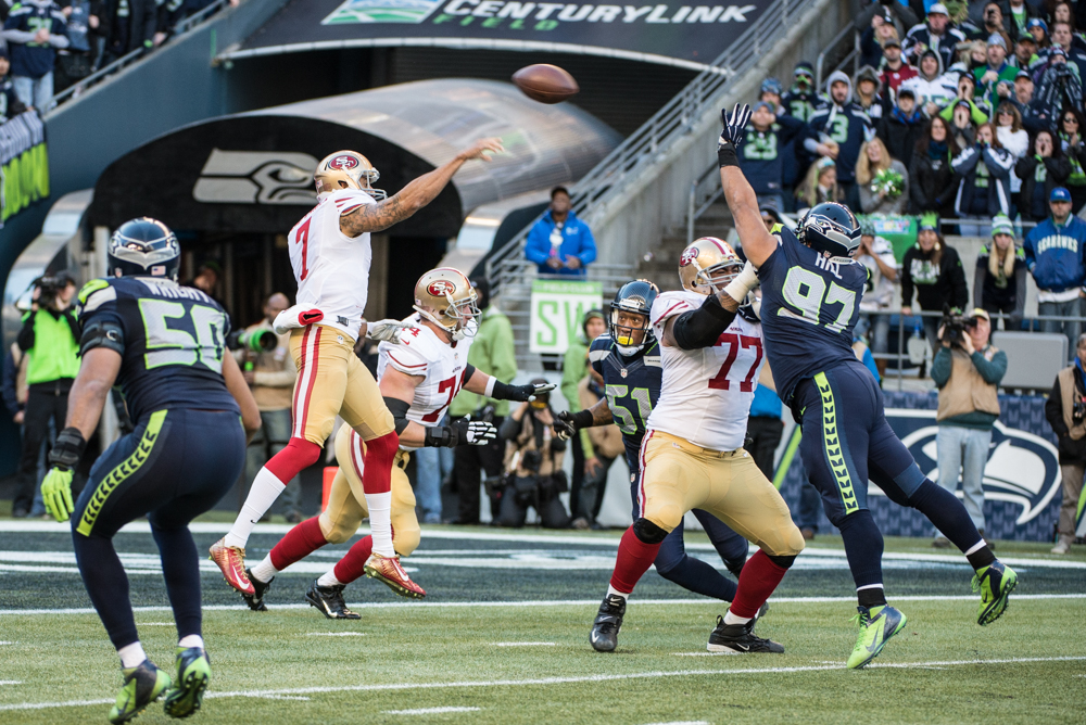 Kaepernick pass is just out of reach of linebacker Jordan Hill.