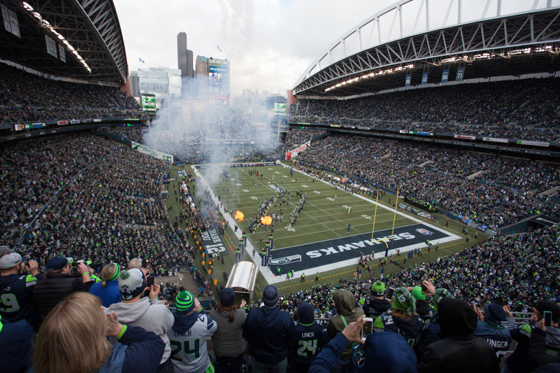 Over 68,000 fans cheer inside the CLink before the game begins.