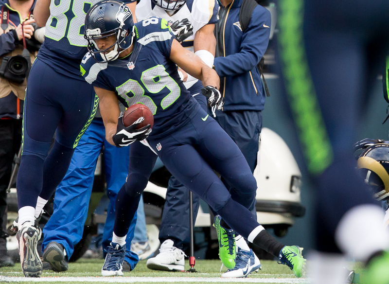 Seattle receiver Doug Baldwin works the line for a gain in the second quarter.