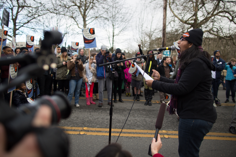 City Councilwoman Kshama Sawant speaks out against the King County Youth Detention Center in front of the building.