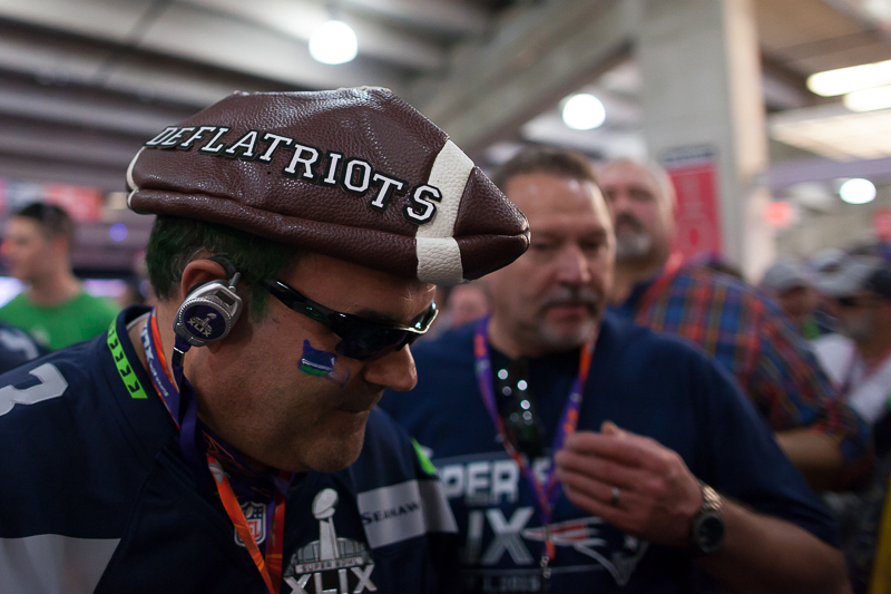 A Seahawk fan shows off his anti-Pats headgear.