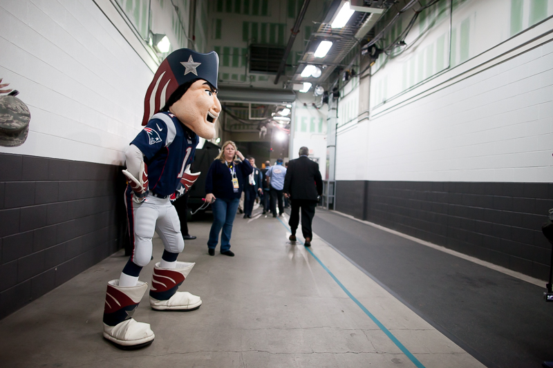 The Patriots mascot waits for the game to begin.