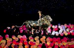 Katy Perry rides a giant lion to begin the halftime show.