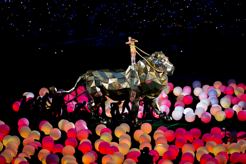 Katy Perry rides a giant lion to begin the halftime show.