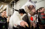 Handlers brace a giant, full-size tauntaun backstage.