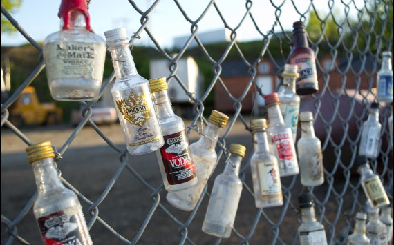 A street art project in Anchorage uses discarded liquor bottles to highlight the city's alcohol problem.Photo credit: Clark Yerrington