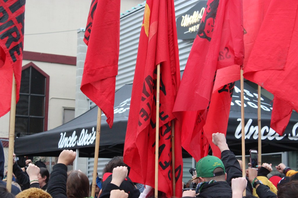 Flags and raised fists in front of Uncle Ike's. Photo by Casey Jaywork.