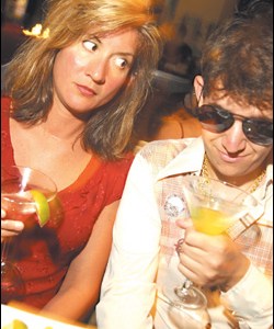 Austin, eat your heart out: the author in his borrowed time-warp gear. Pictured with Karen Steichen.