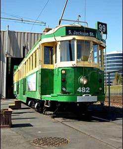 The George Benson Waterfront Streetcar outside its ugly barn.