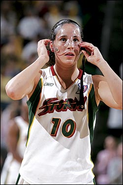 Sue Bird with her beak protected.