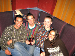 (From left) Seattle Sounder Kevin Sakuda, Roger Levesque, Andrew Coates, and Autumn Mittlestaedt take a break from leading a dance circle at Belltowns Del Rey.