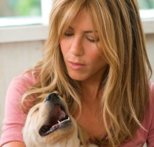 Aniston succumbs to the puppy.