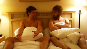 Duplass (left) and Leonard try to strip for art.
