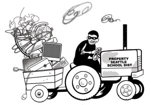 Among the districts missing items: a $34,000 riding mower, an $8,000 TV, and some pricey copper wiring.