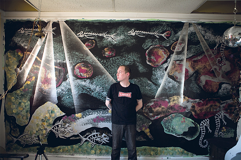 Theroux on his latest film project's set, which he constructed in his apartment.