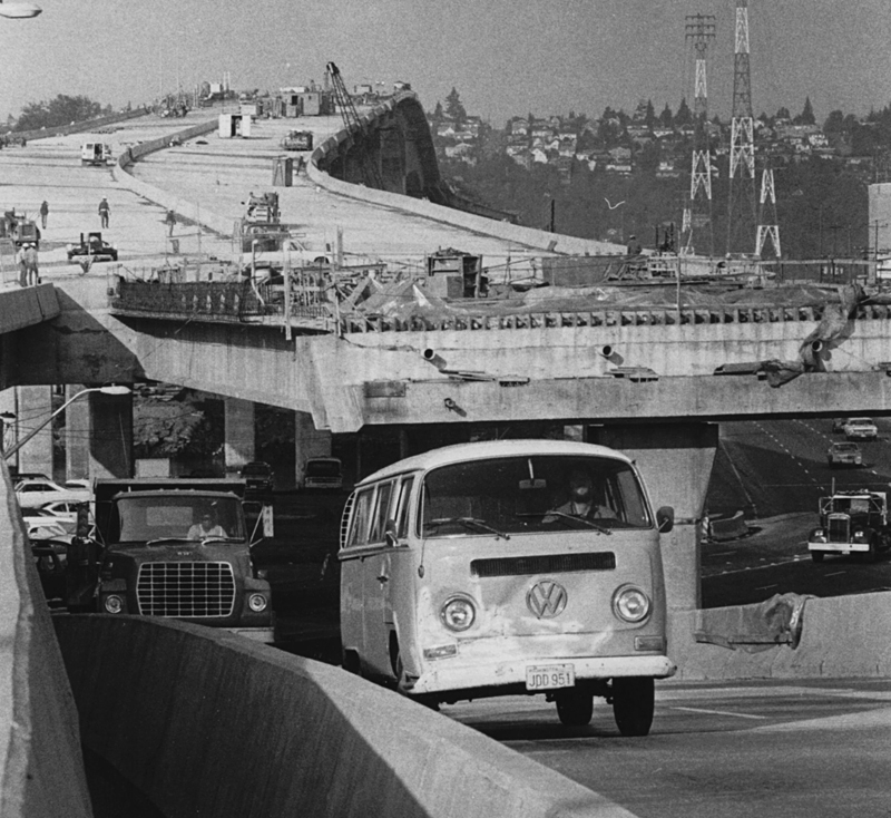 Construction crews race to complete the first four lanes of the West Seattle Bridge, opened on Nov. 10, 1983.