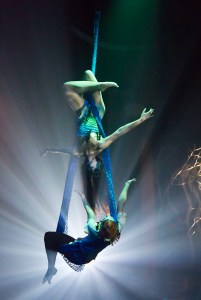 Like snow, Cabiri performers hang in the sky.