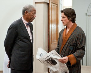 As usual, Morgan Freeman provides sage advice to Bale.