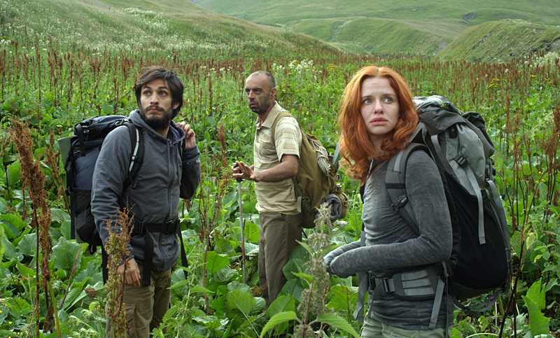 Happy couple Garcia Bernal and Furstenberg with their guide (Bidzina Gujabidze, at center).